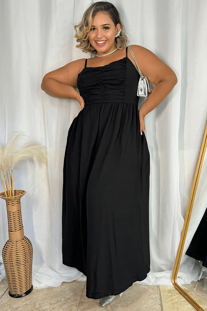 HN Black Plus Size V-Neck Maxi Dress Spaghetti Straps Ruched A-Line Dress