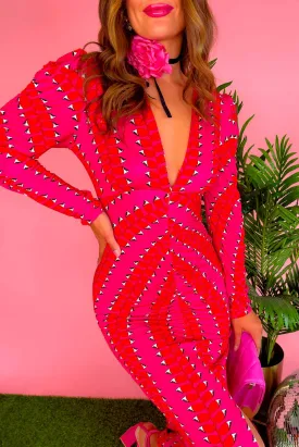 Id Want To Be Me Too - Pink Red Print Plunge Ruched Midi Dress