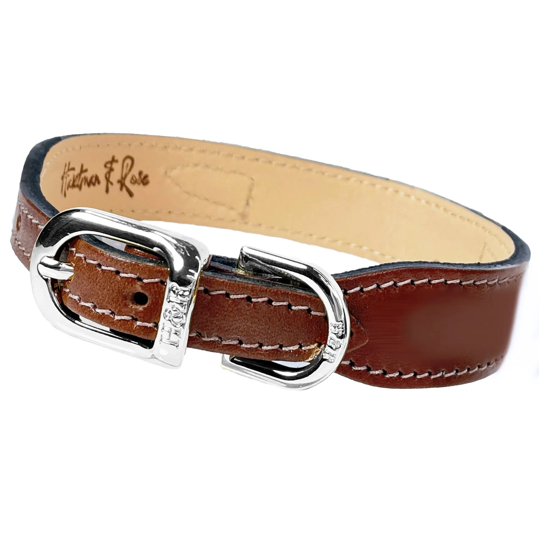 Italian Rich Brown Leather Dog Collar in Nickel