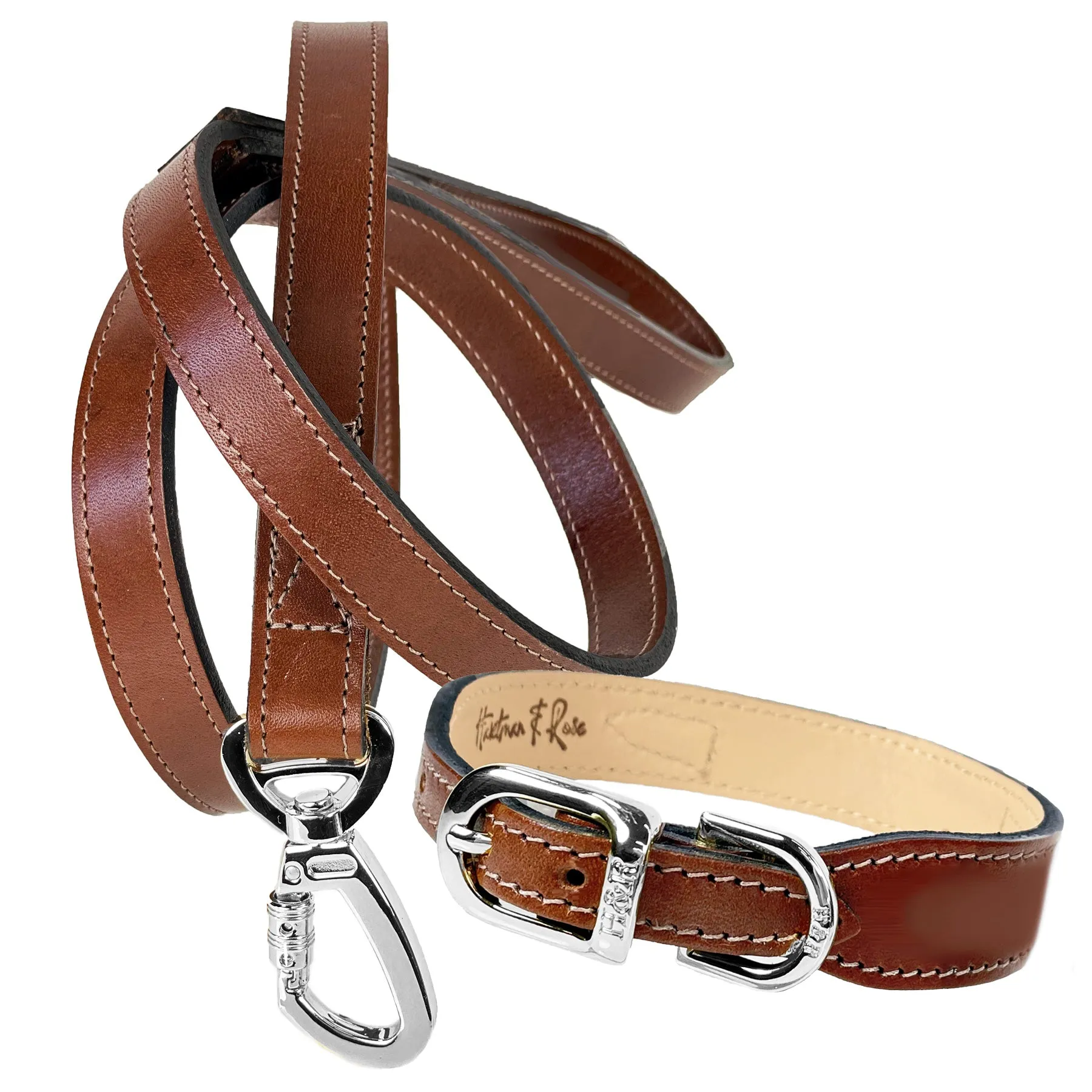 Italian Rich Brown Leather Dog Collar in Nickel