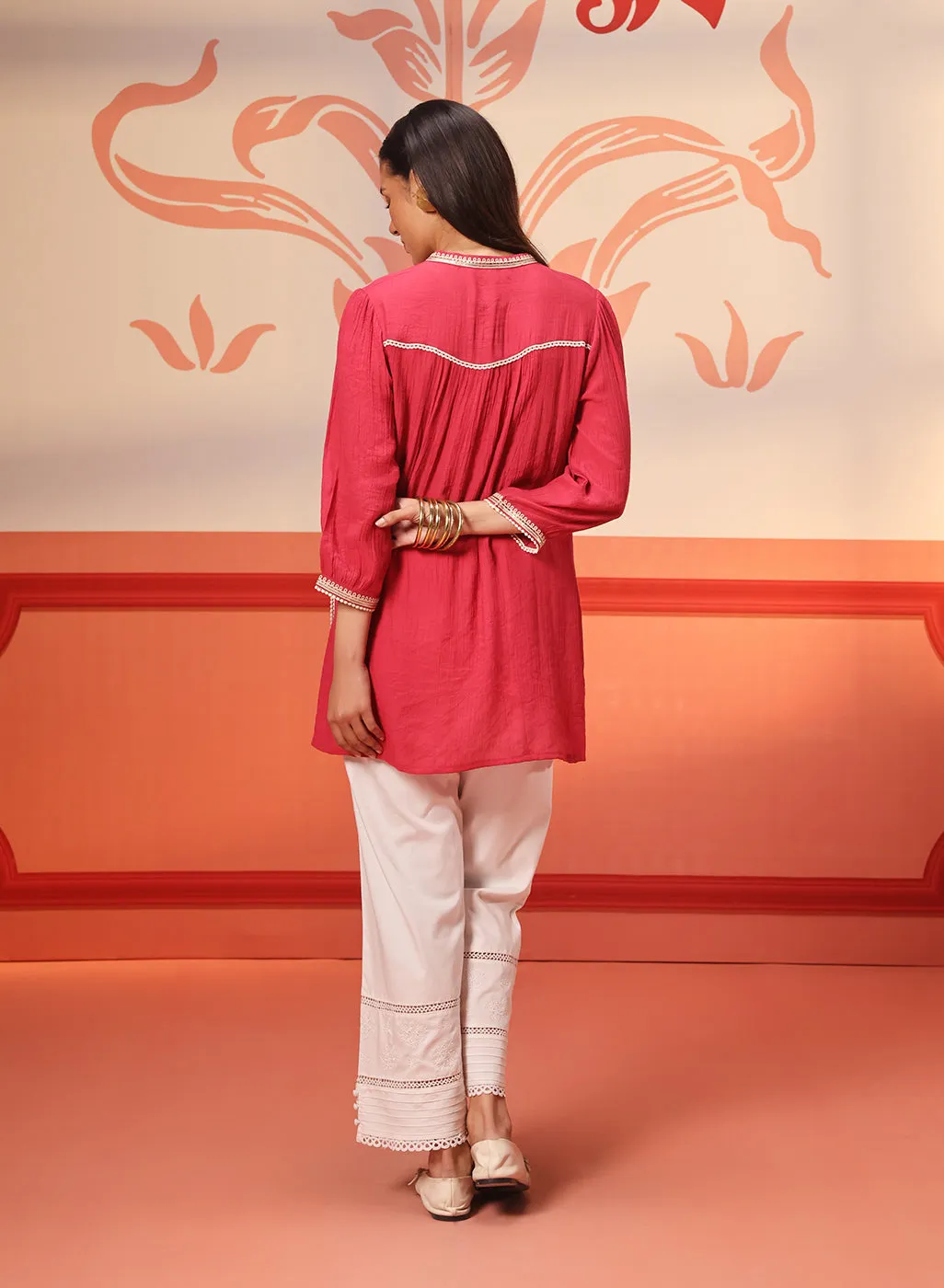 Kashaf Crimson Pink Embroidered Crinkled Crepe Long Top for Women