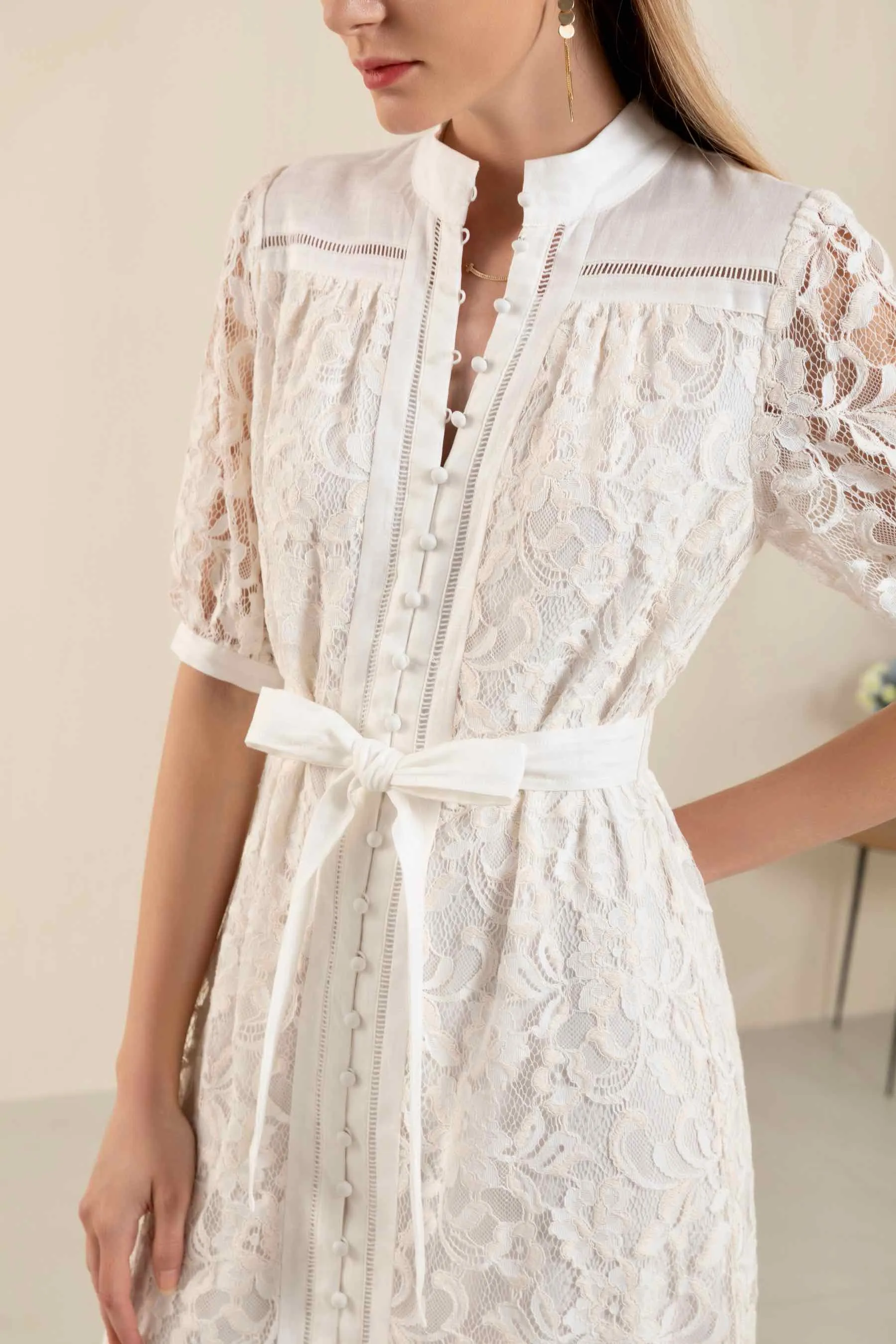 Kendall Lace Midi Dress - White/Beige