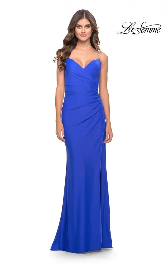 La Femme 31107 Ruched Jersey Gown With V Neckline