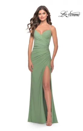 La Femme 31107 Ruched Jersey Gown With V Neckline