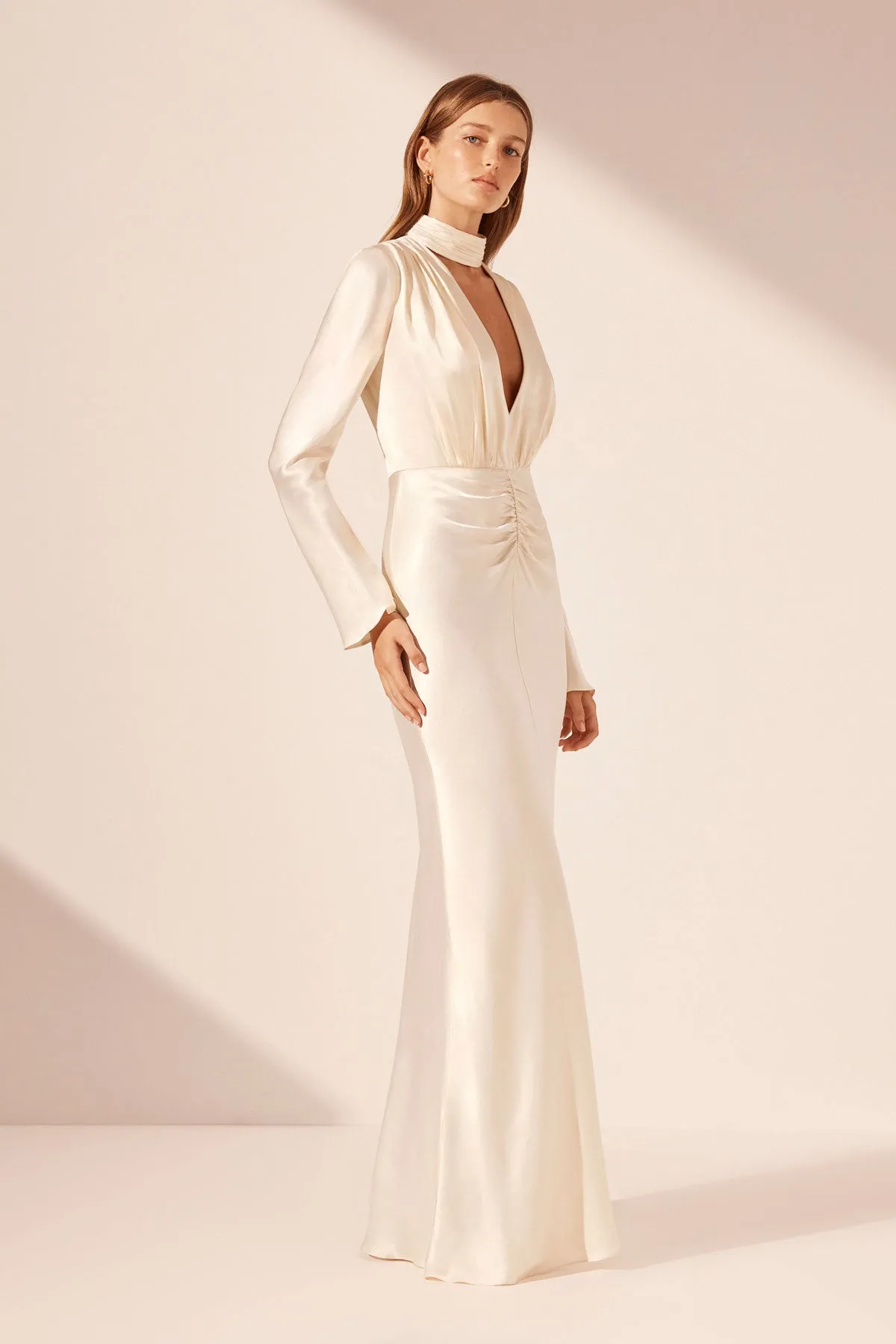 LA LUNE PLUNGED LONG SLEEVE MAXI DRESS - CREAM