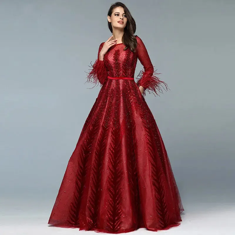 Leila - Wine Red Evening Gown With Long Sleeves