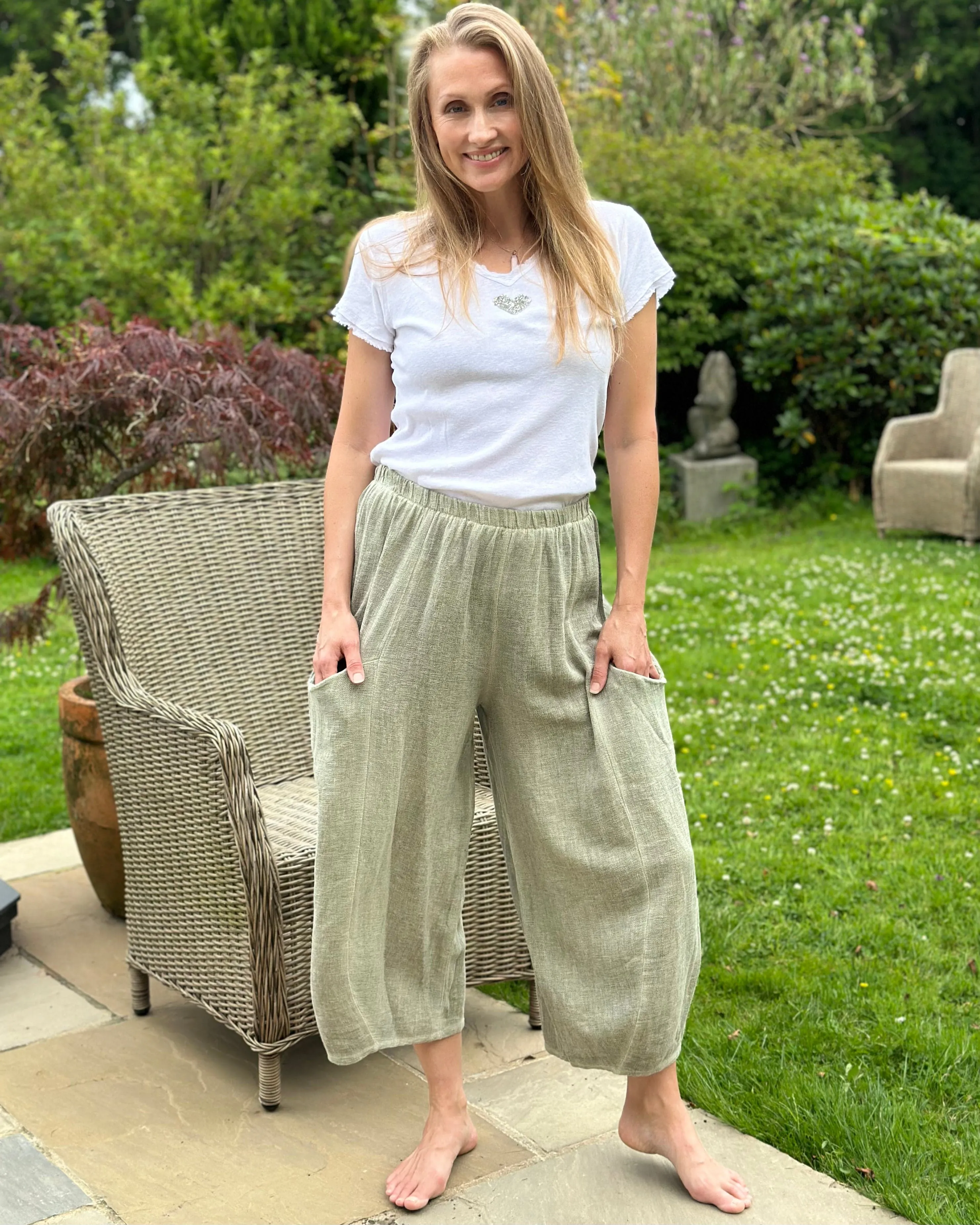 Linen Mix Balloon Style Trousers - Pale Khaki