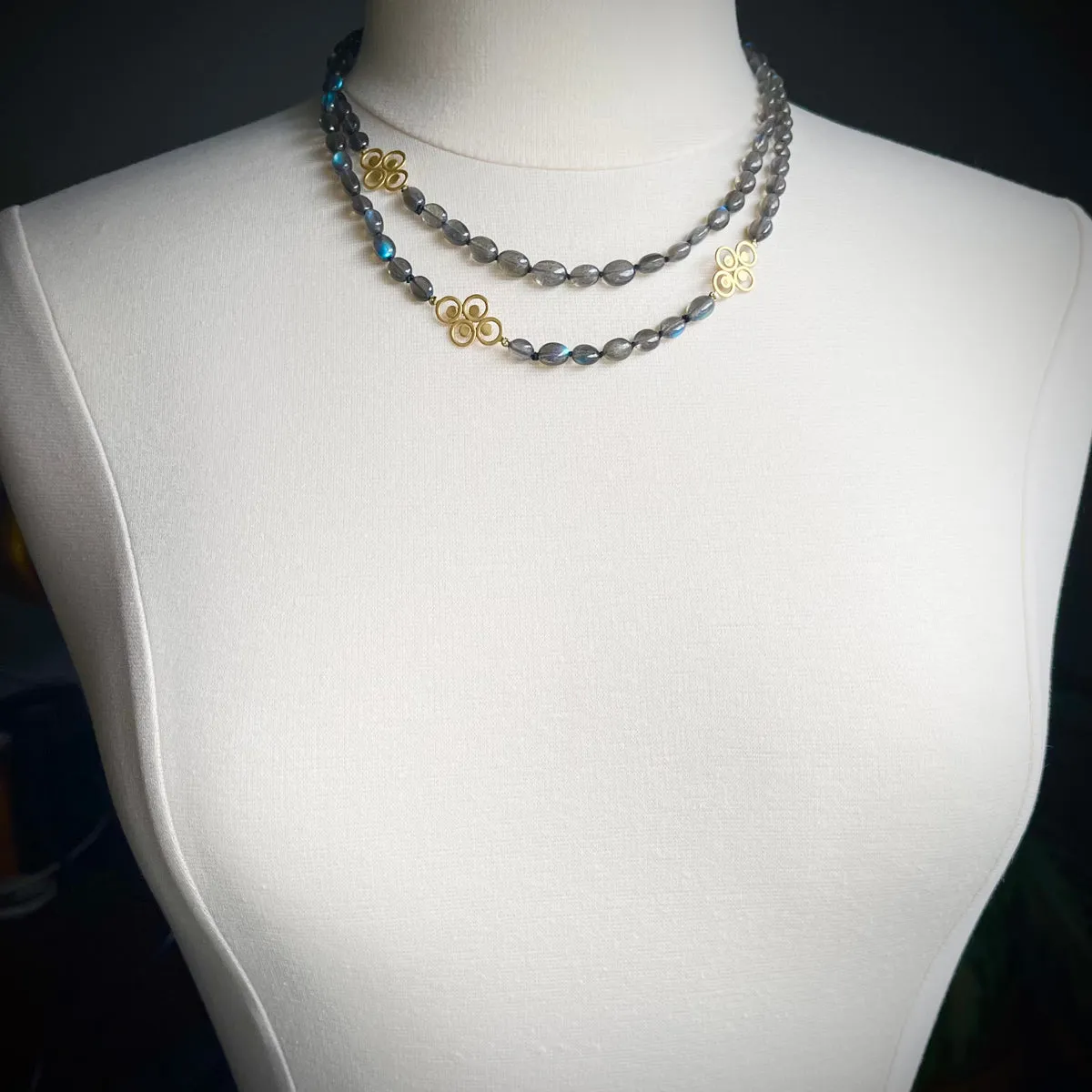 Long Labradorite and Gold Filigree Necklace