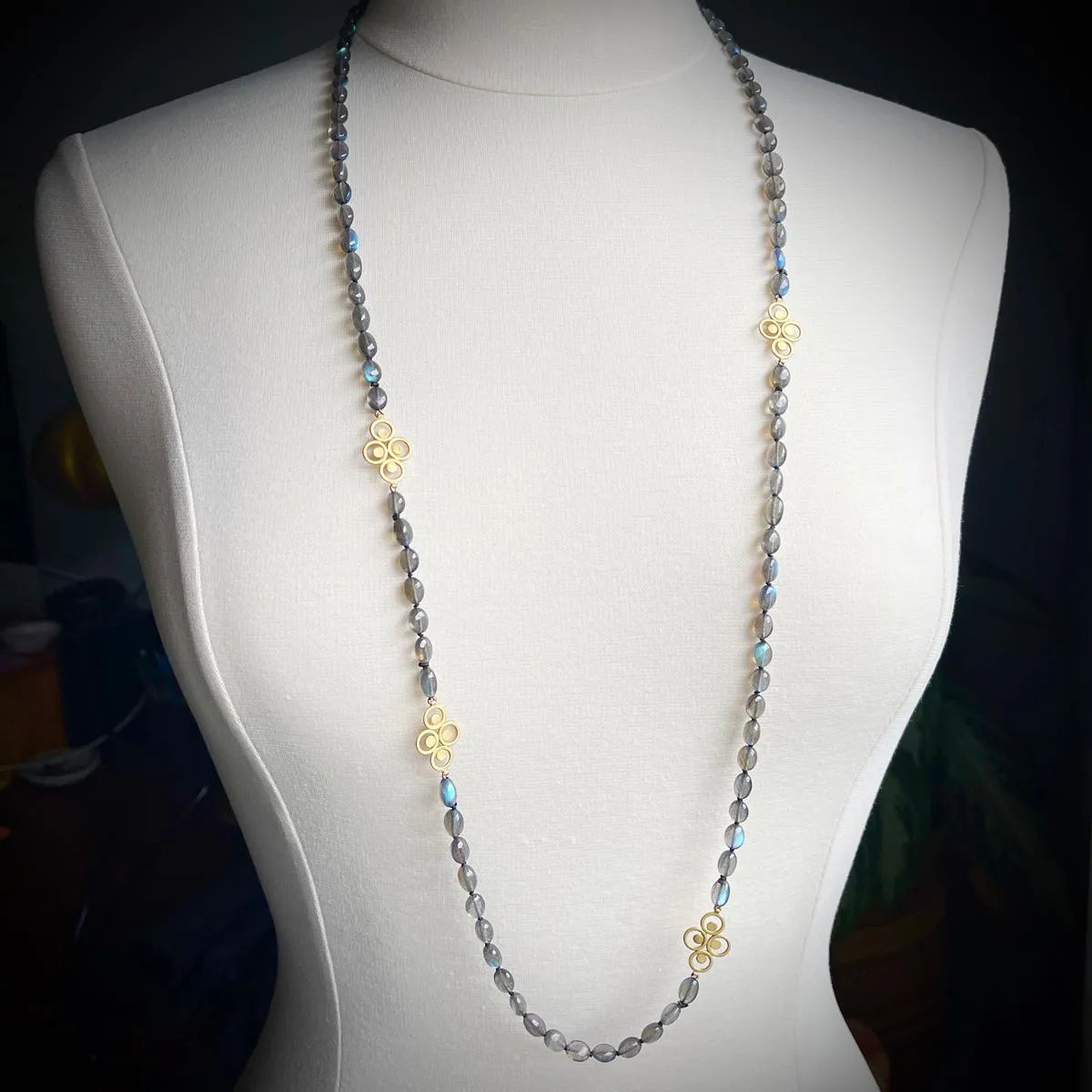 Long Labradorite and Gold Filigree Necklace