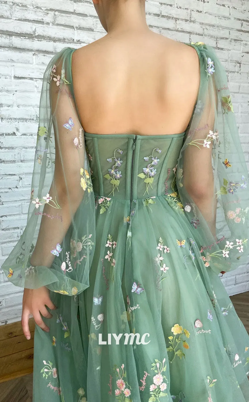 LP1916 - Green Tulle Lace Tea Length Prom Dress, Green Evening Dress