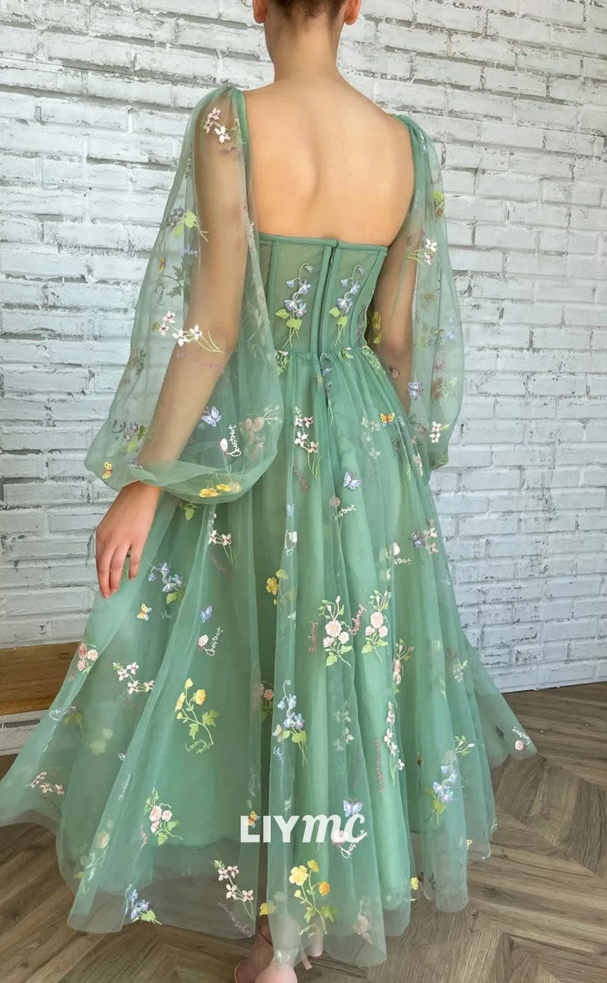 LP1916 - Green Tulle Lace Tea Length Prom Dress, Green Evening Dress