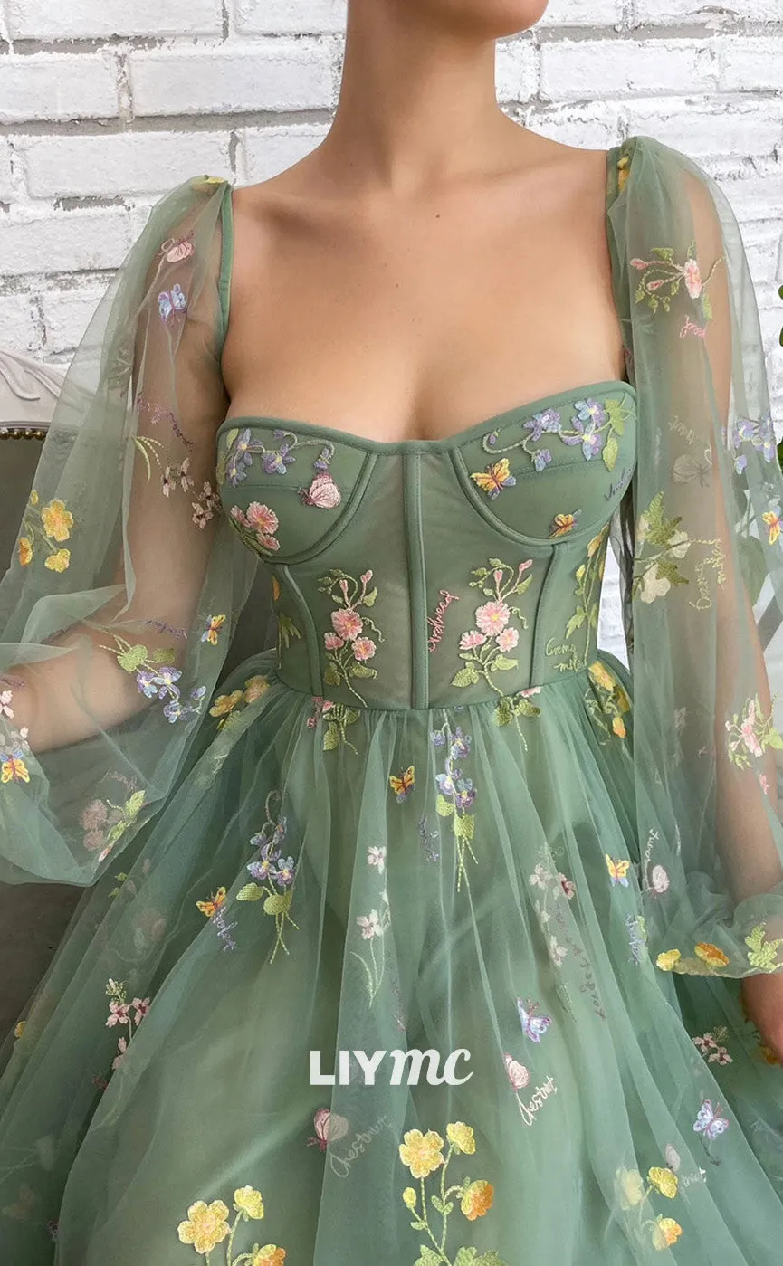 LP1916 - Green Tulle Lace Tea Length Prom Dress, Green Evening Dress