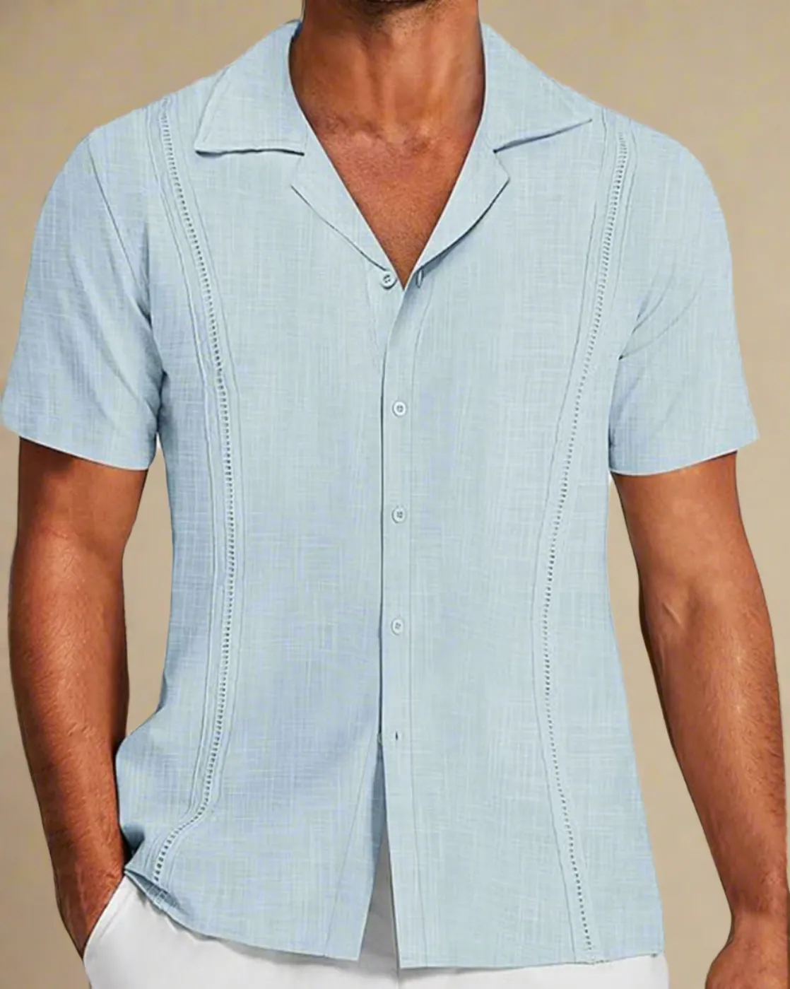 Men Linen Blue Cuban Shirt - Buttons Guayabera