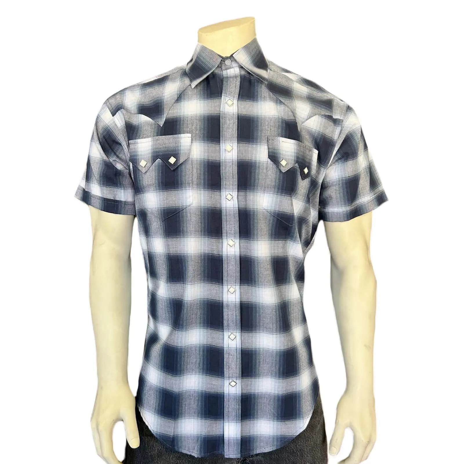 Men's Blue & White Shadow Plaid Short Sleeve Western Shirt