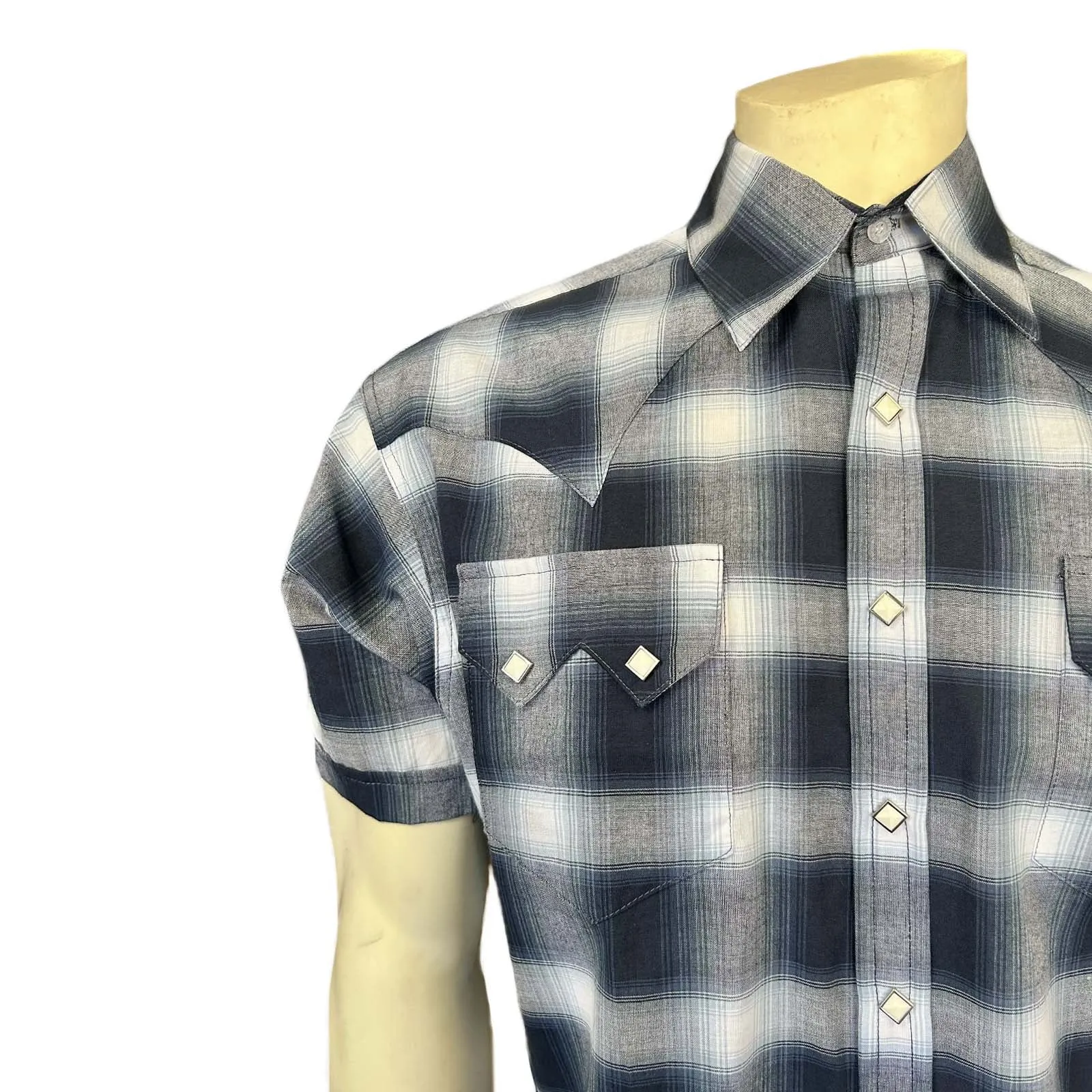 Men's Blue & White Shadow Plaid Short Sleeve Western Shirt