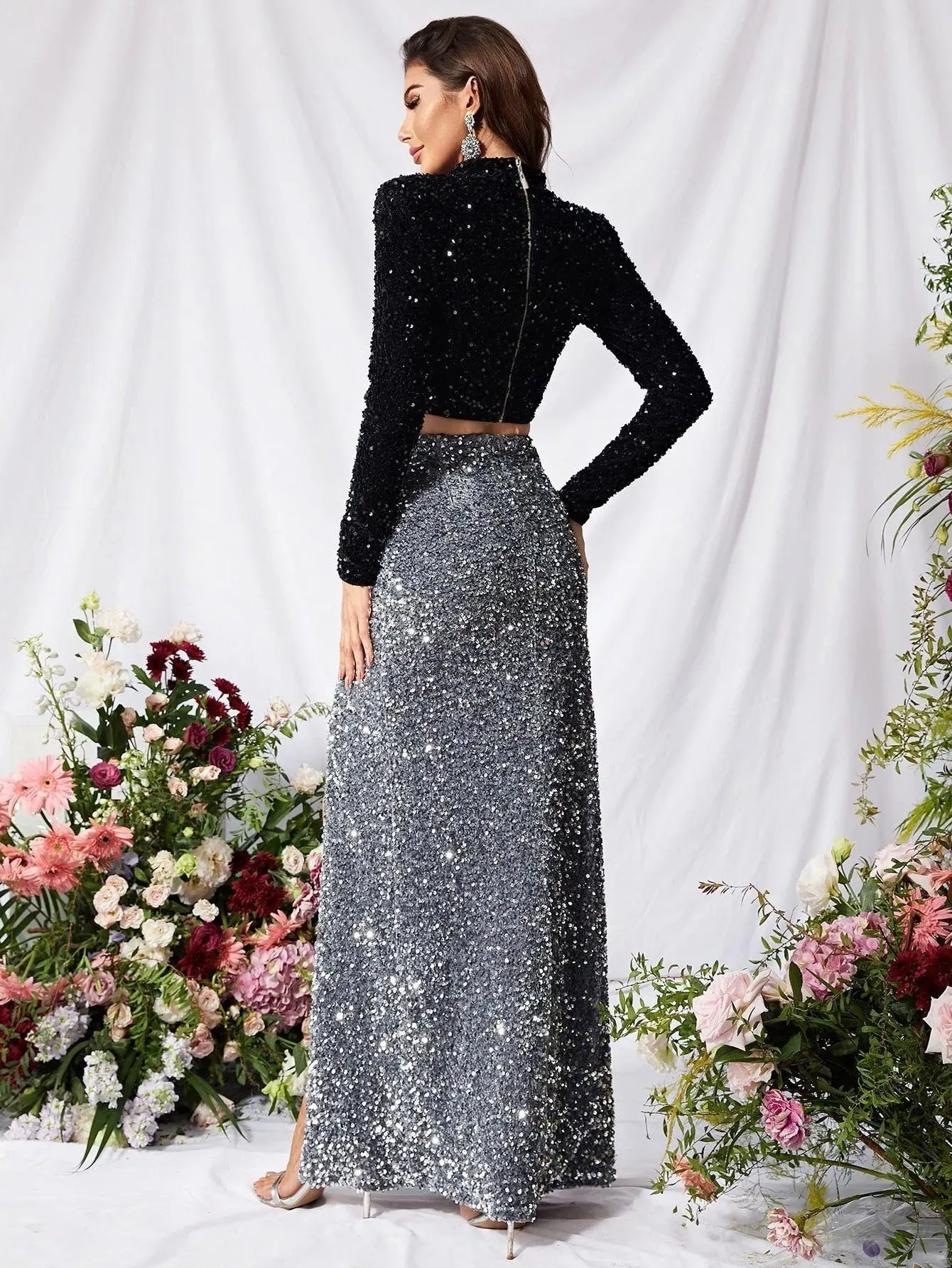 Mock Neck Crop Top Pencil Skirt Two Piece Sequin Set