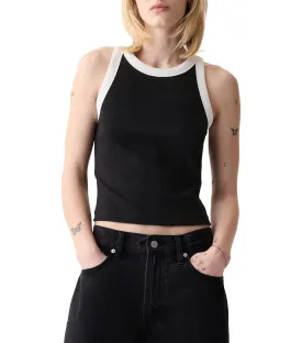 Modern Rib Cropped Halter Top Black with White Trim