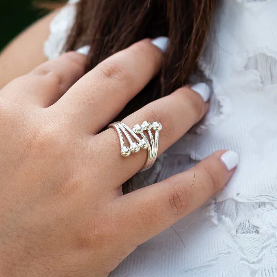 Modern, sterling silver multi ball ring