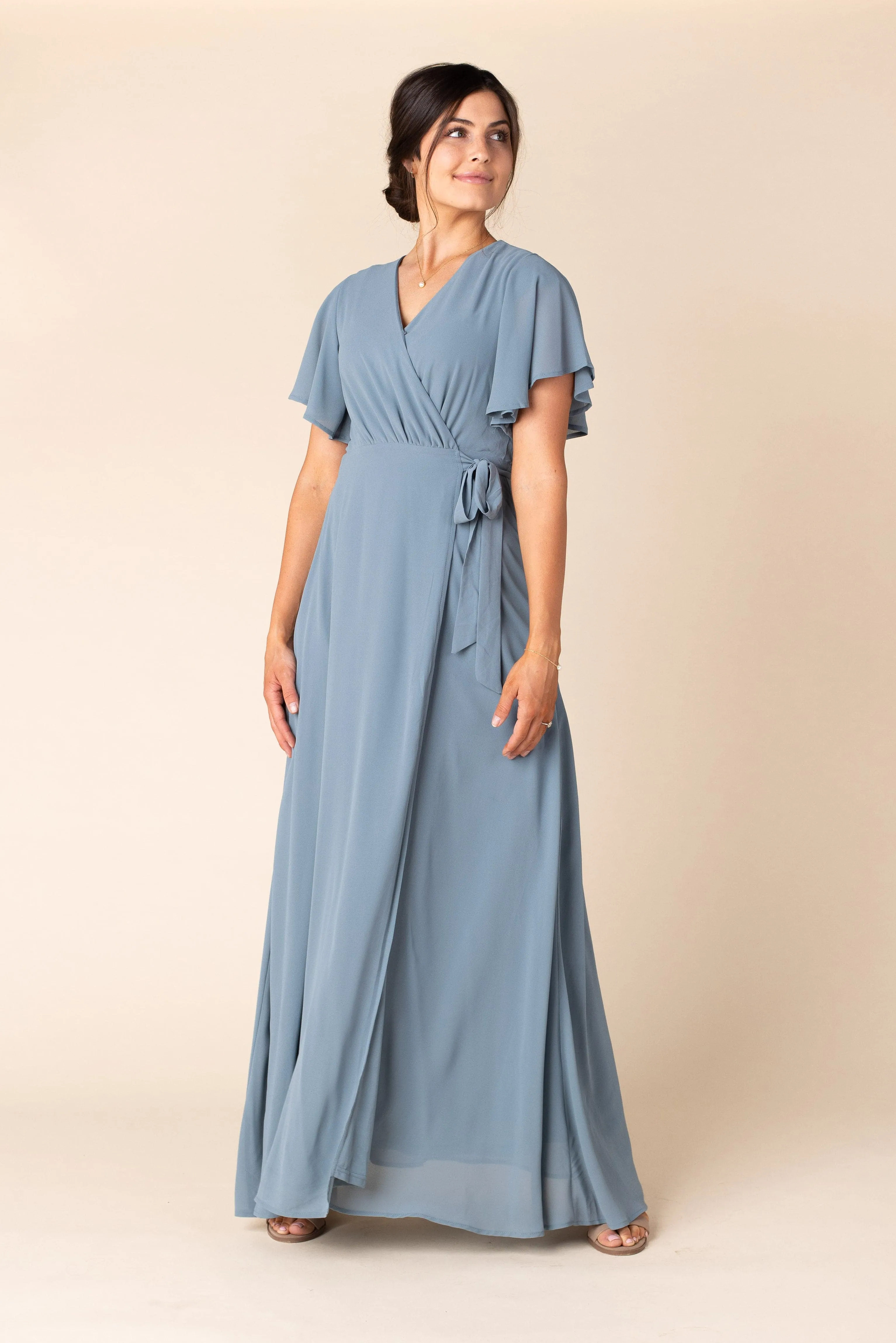 Naples Flutter Sleeve Wrap Maxi - Dusty Blue