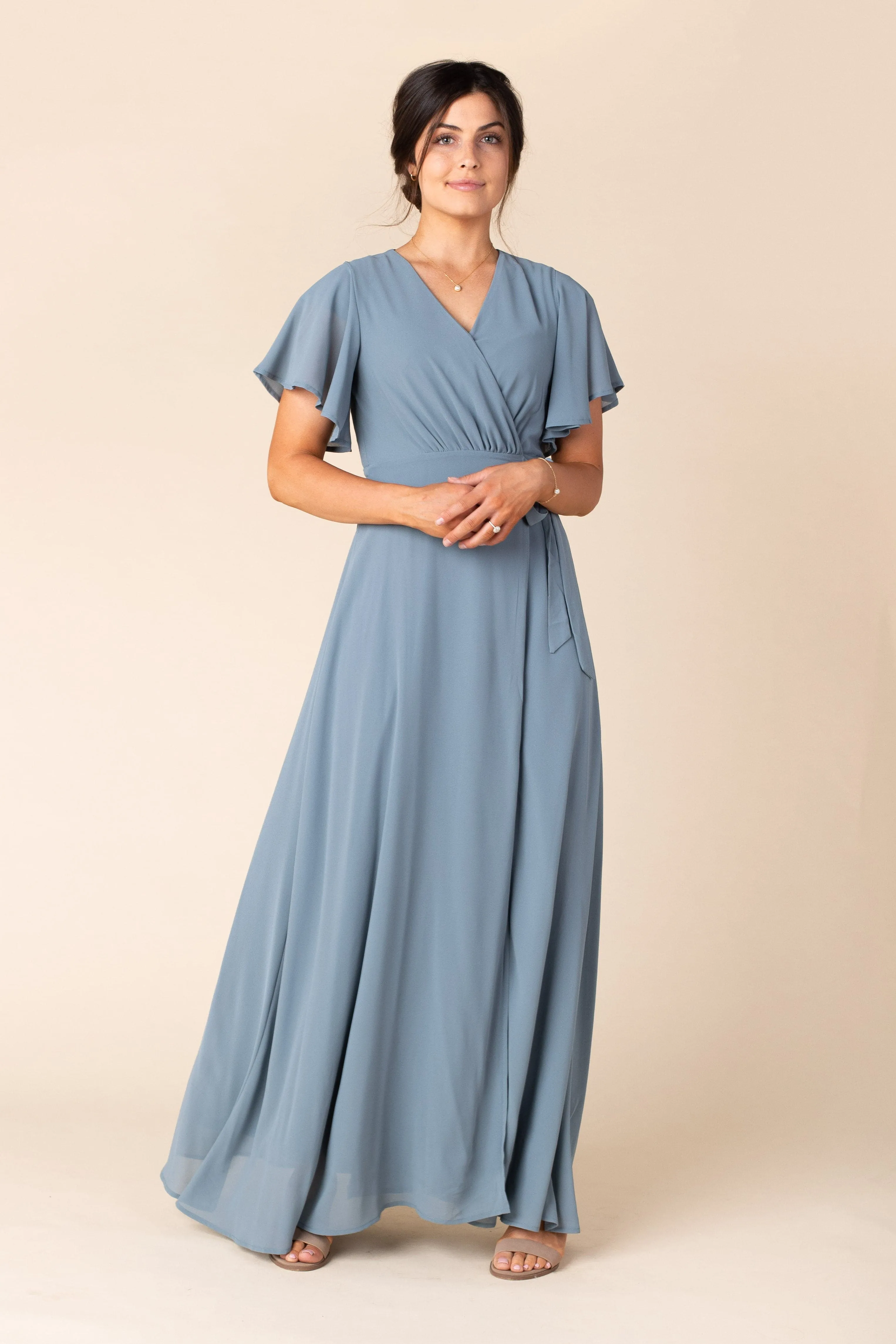 Naples Flutter Sleeve Wrap Maxi - Dusty Blue