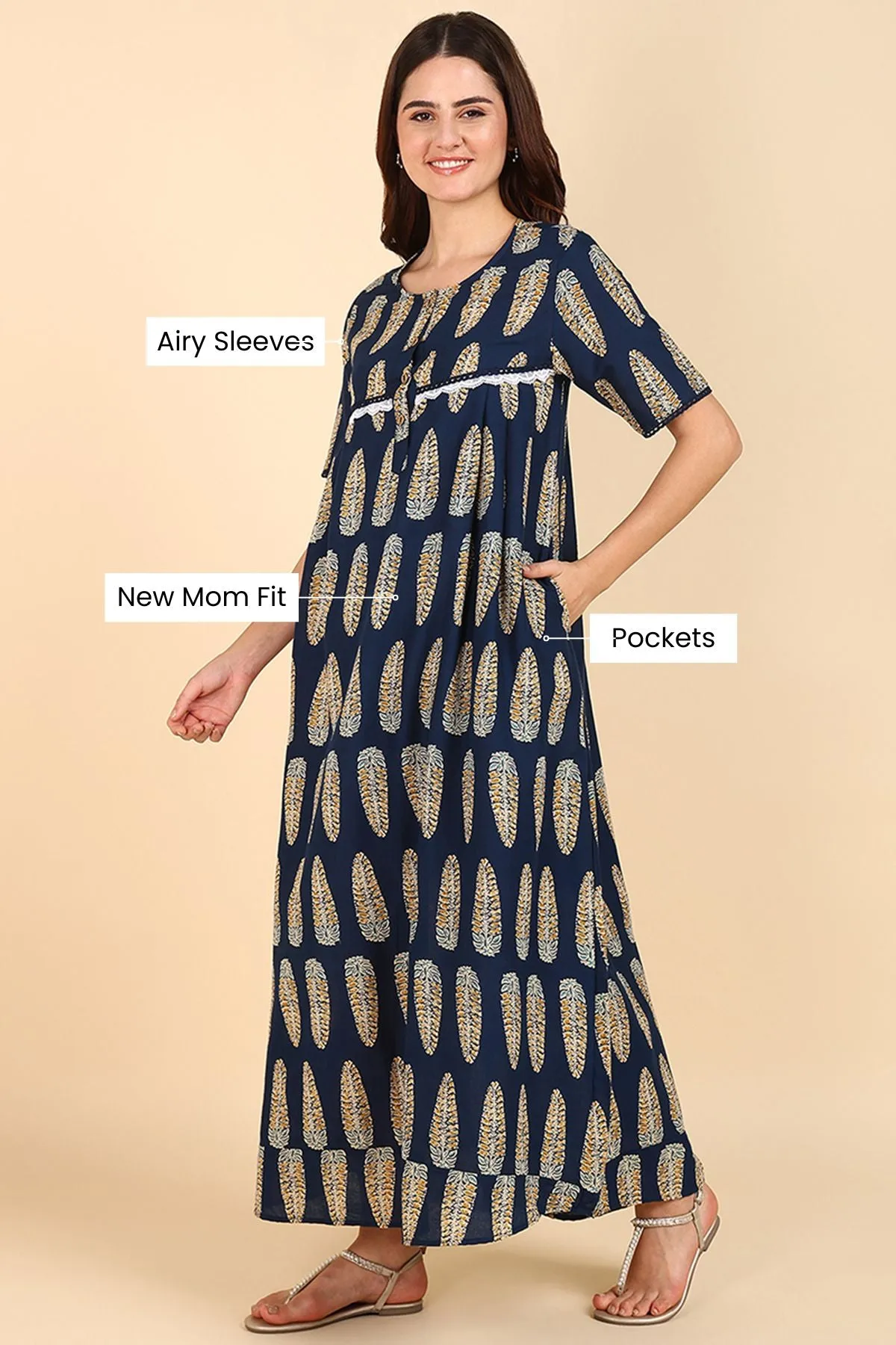 Navy Blue Printed 100% Soft Cotton Zipless Maternity Maxi