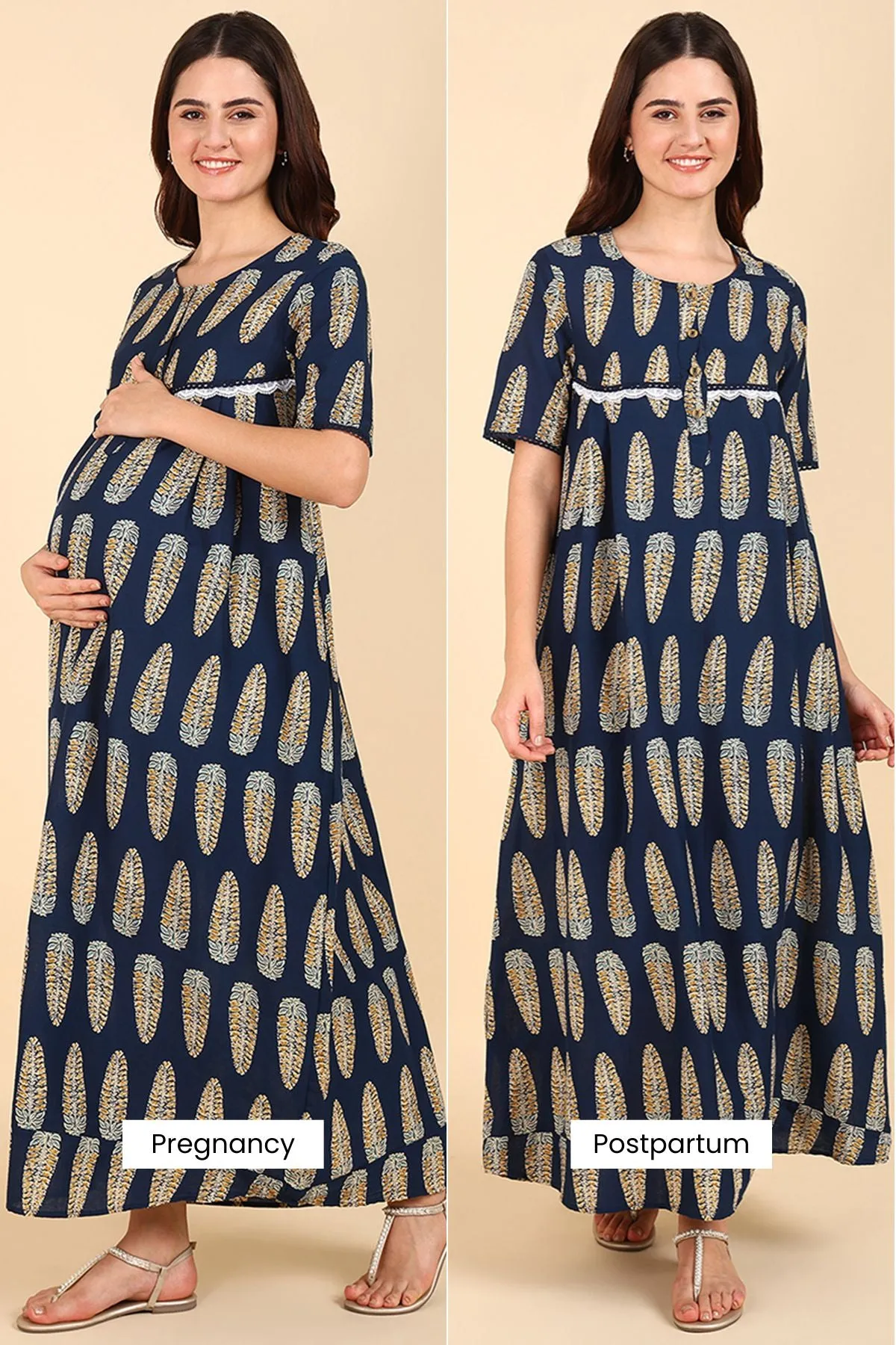 Navy Blue Printed 100% Soft Cotton Zipless Maternity Maxi