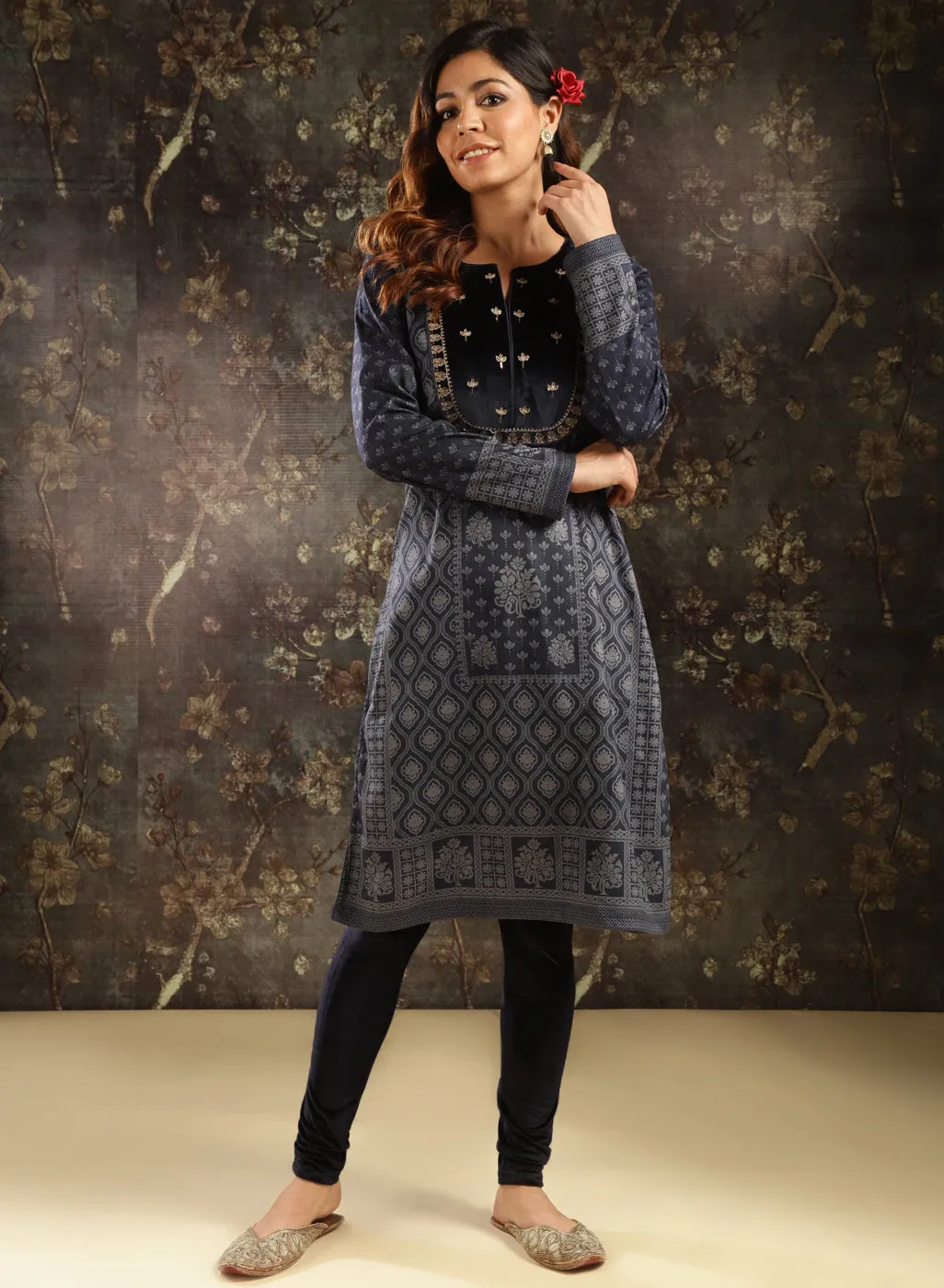 Navy Blue Printed Woolen Kurta with Velvet Yoke