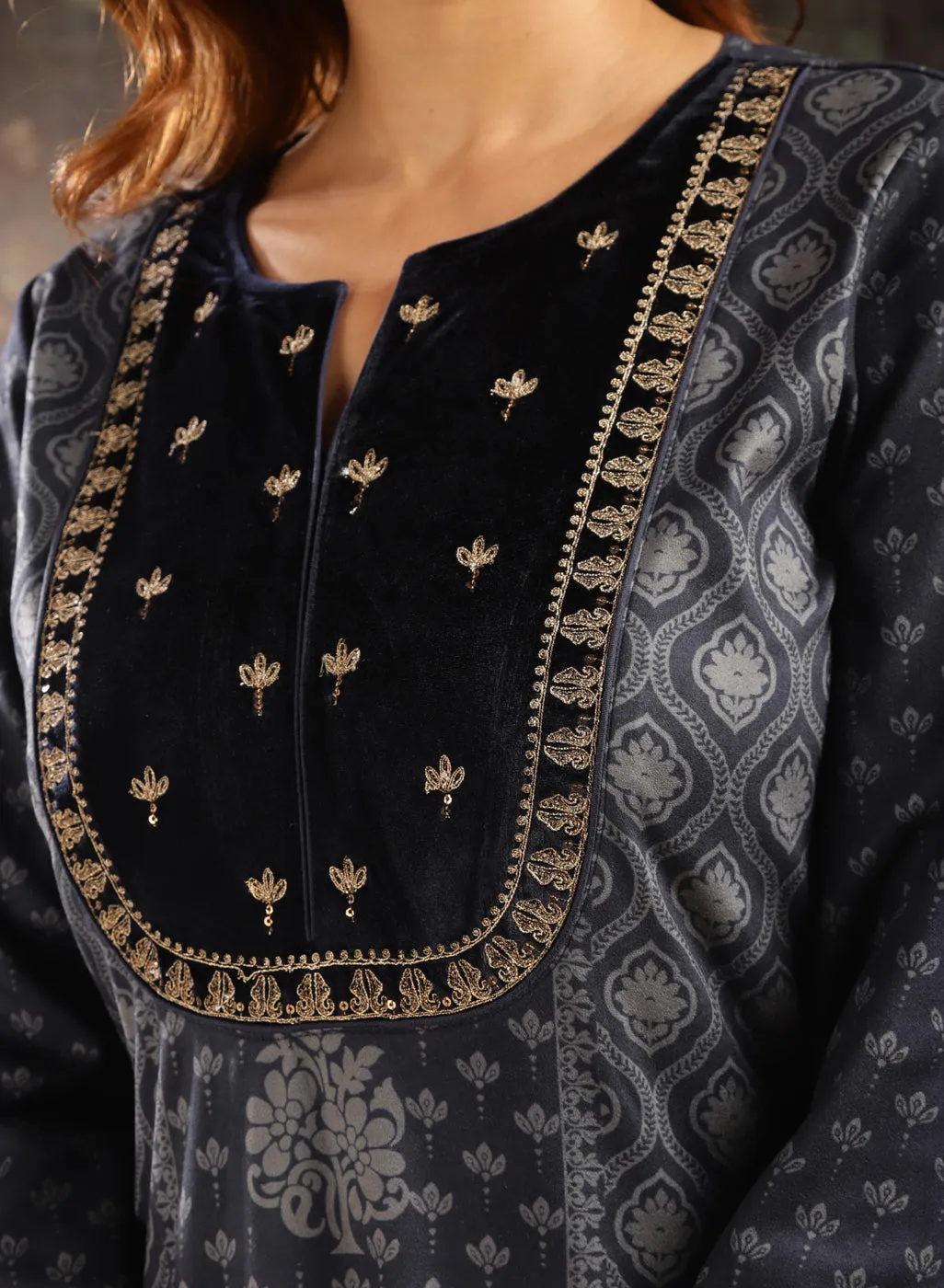 Navy Blue Printed Woolen Kurta with Velvet Yoke