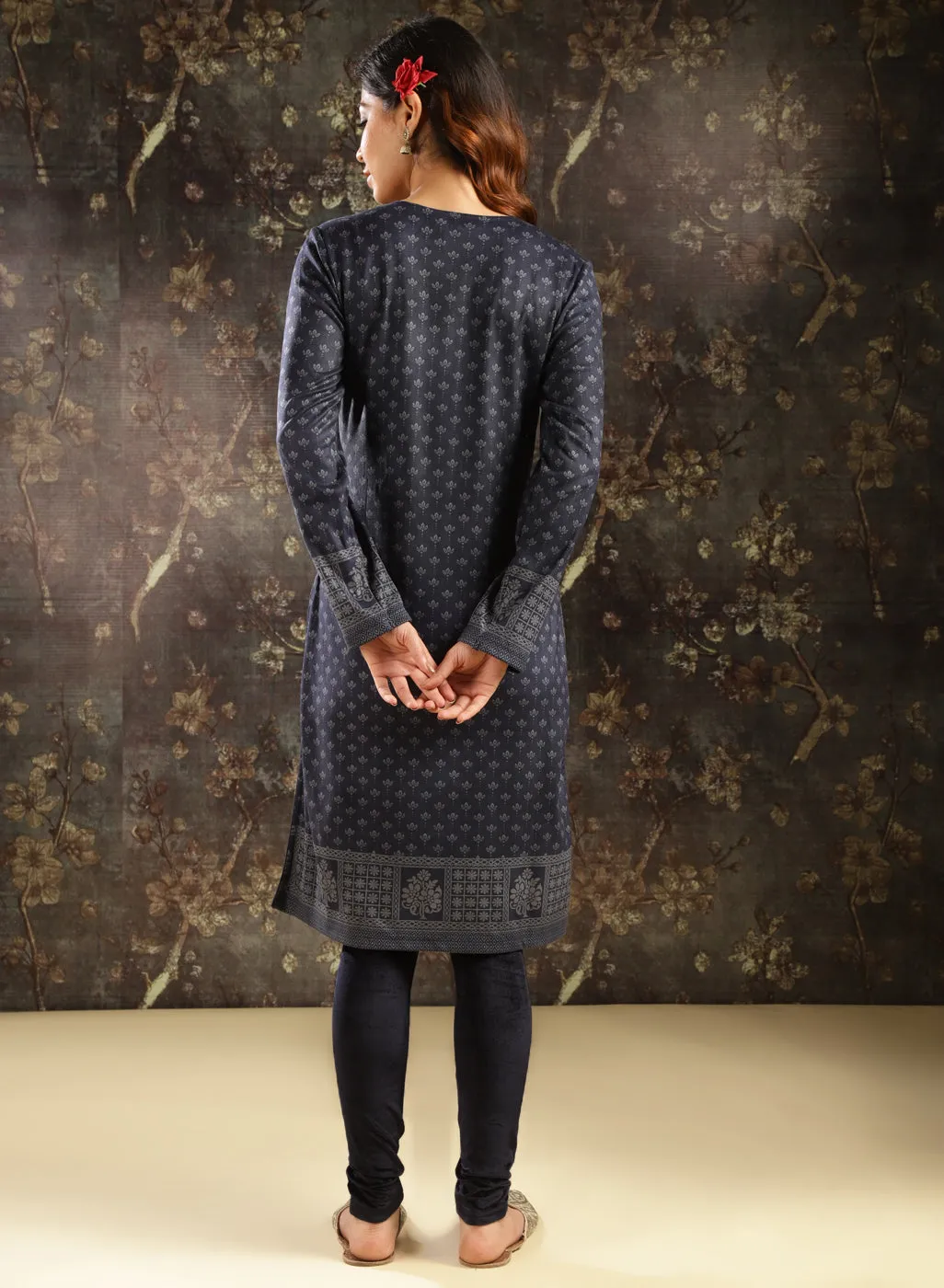 Navy Blue Printed Woolen Kurta with Velvet Yoke