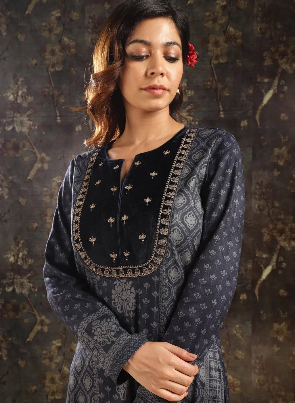 Navy Blue Printed Woolen Kurta with Velvet Yoke