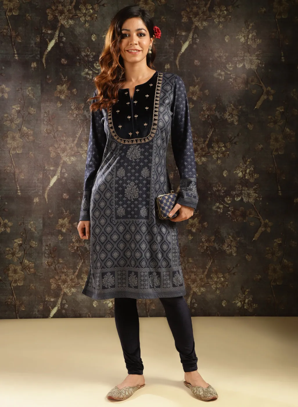 Navy Blue Printed Woolen Kurta with Velvet Yoke