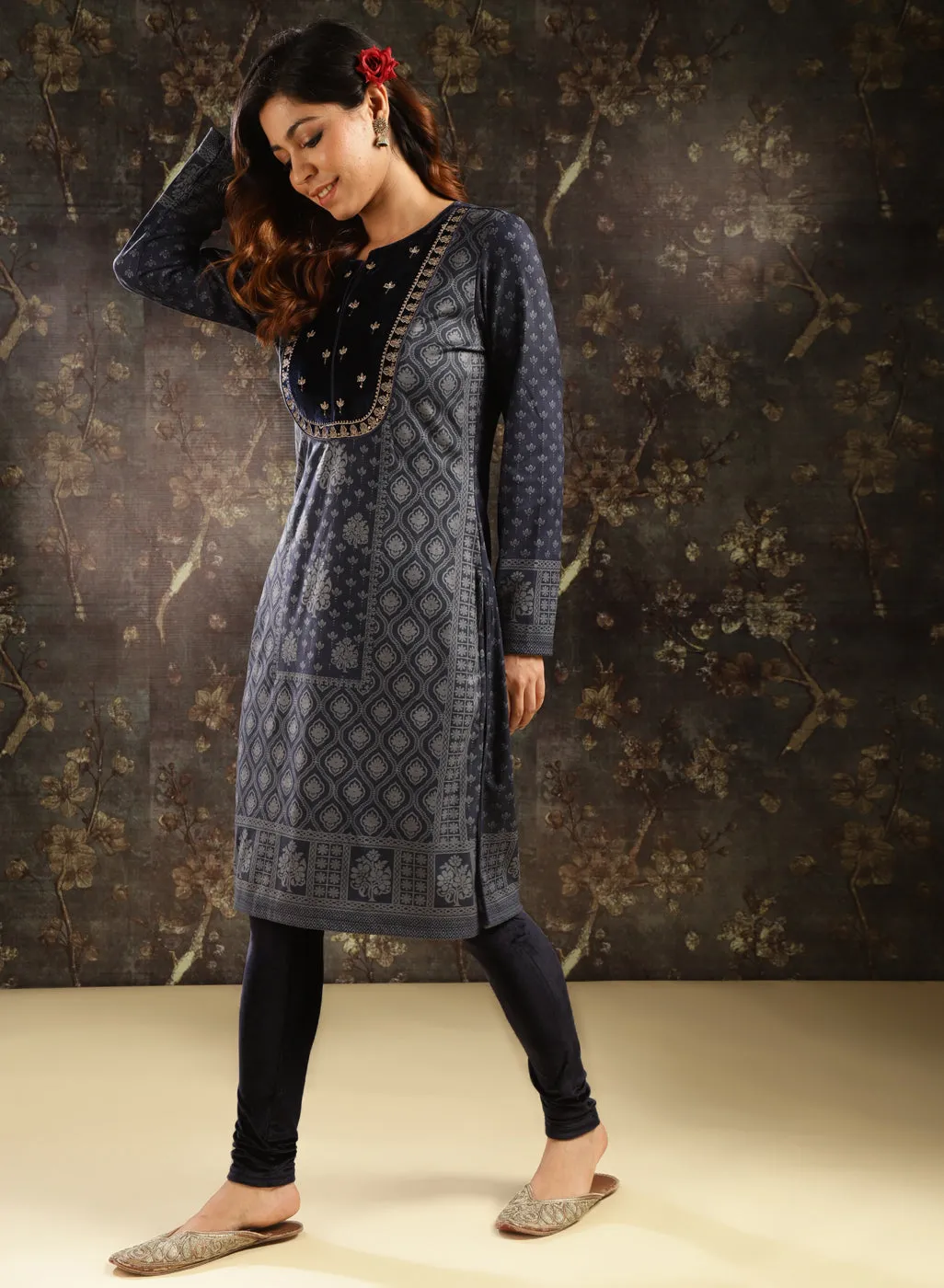 Navy Blue Printed Woolen Kurta with Velvet Yoke