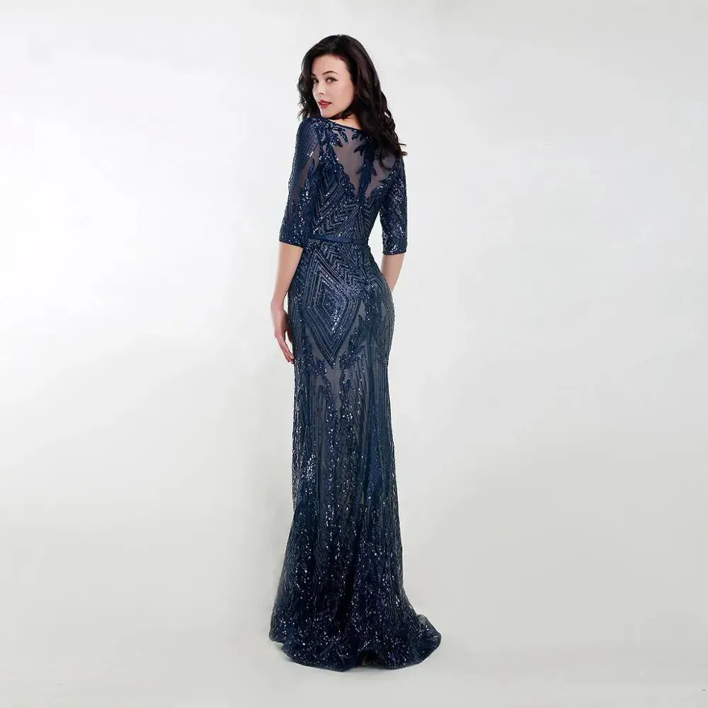 Navy Blue Short Sleeves Sequin Maxi Dress