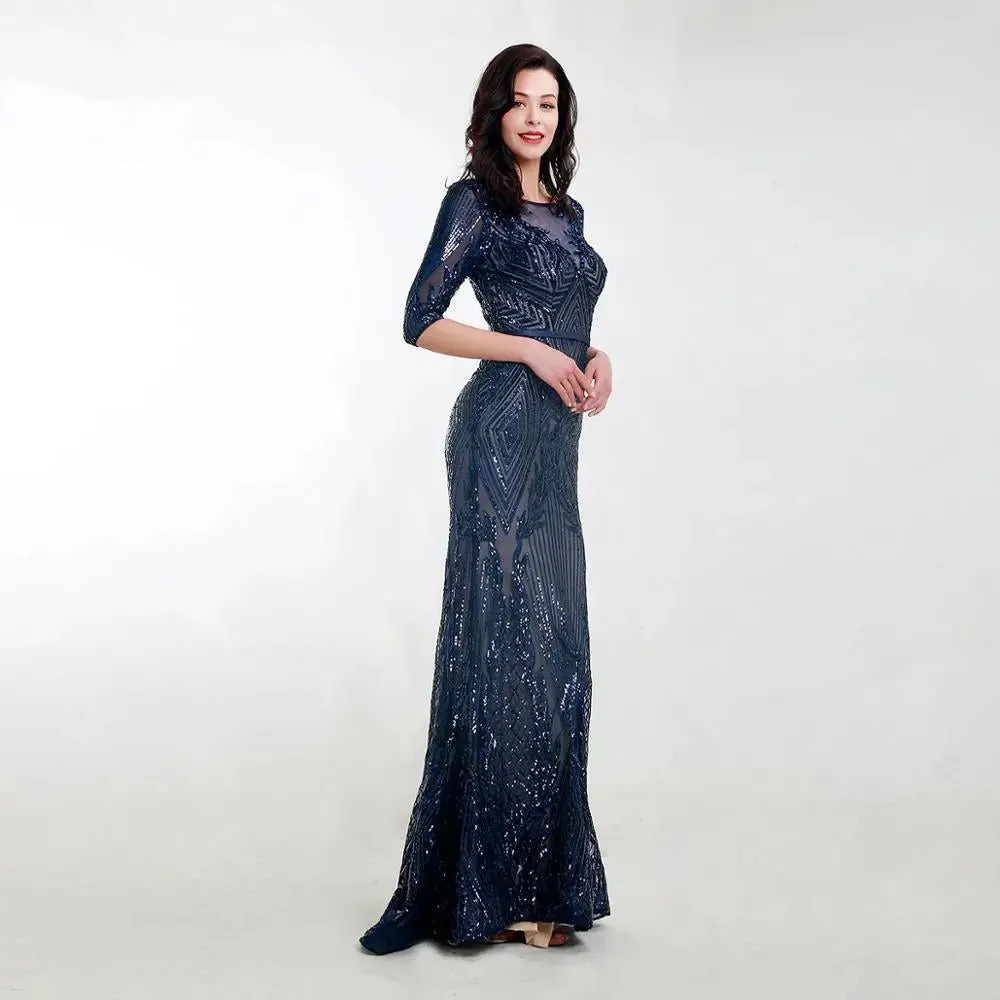 Navy Blue Short Sleeves Sequin Maxi Dress