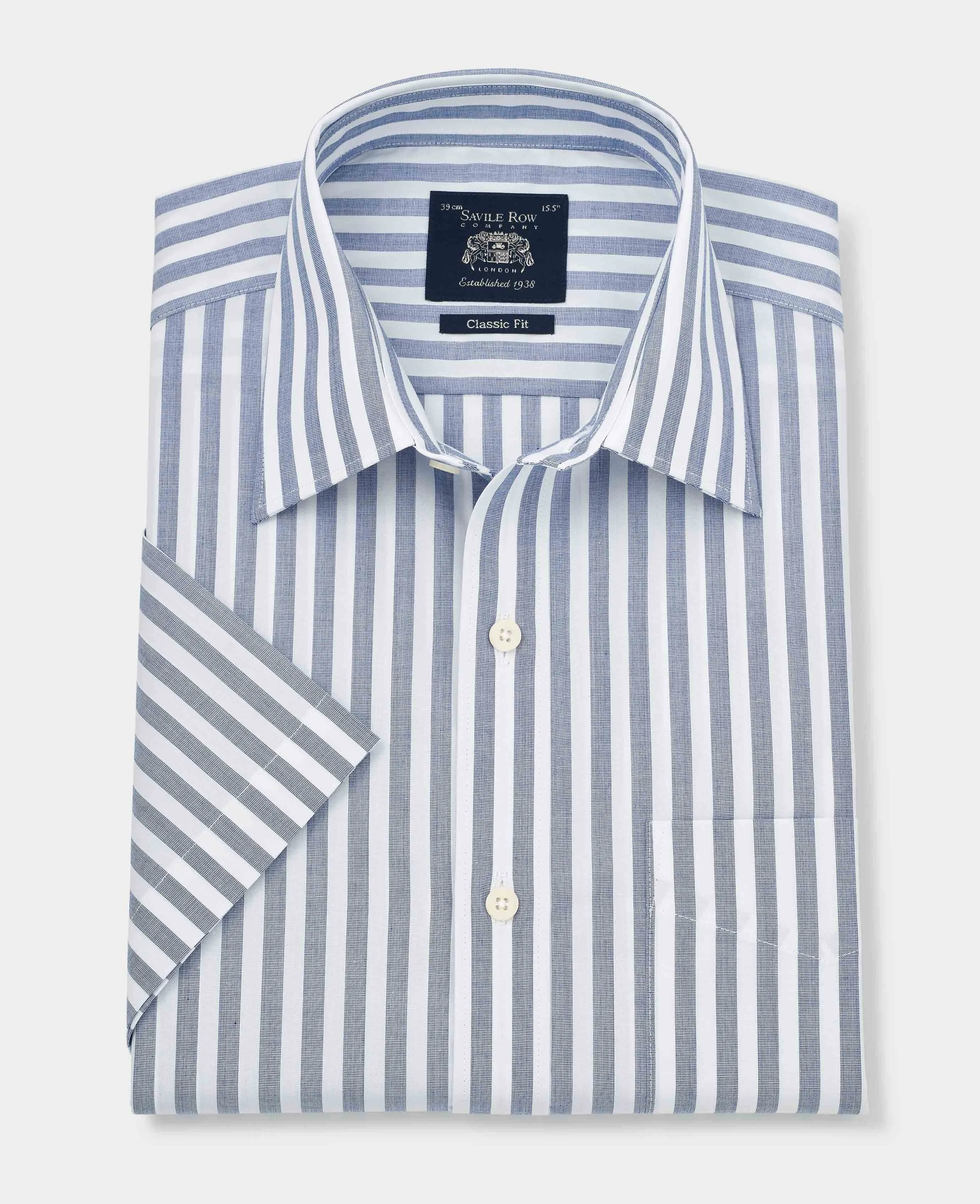 Navy White Classic Fit Short Sleeve Striped Shirt