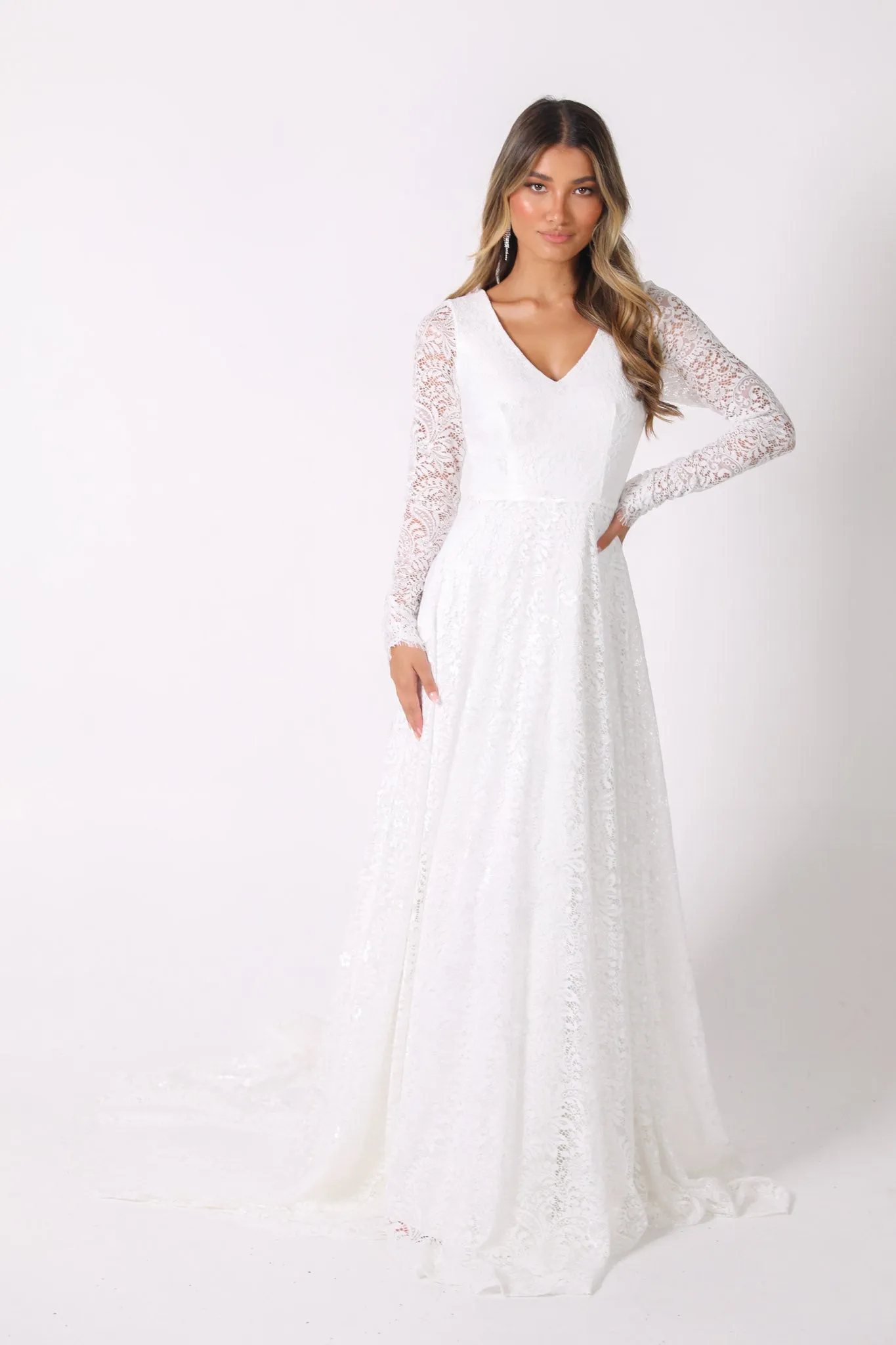 NISHA Long Sleeve A-Line Lace Gown - White