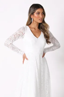 NISHA Long Sleeve A-Line Lace Gown - White