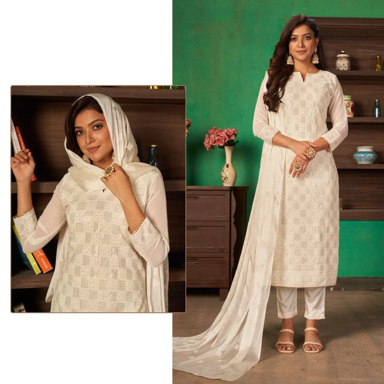 Off White Long Pure Chikankari Festive Pakistani Suit