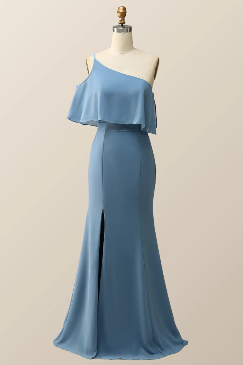 One Shoulder Cold Sleeve Misty Blue Mermaid Long Bridesmaid Dress