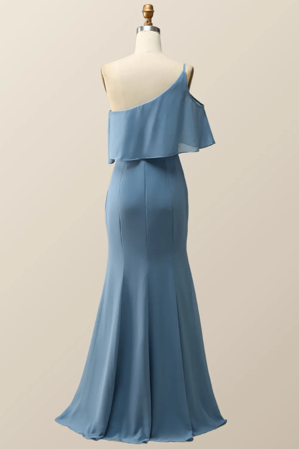 One Shoulder Cold Sleeve Misty Blue Mermaid Long Bridesmaid Dress