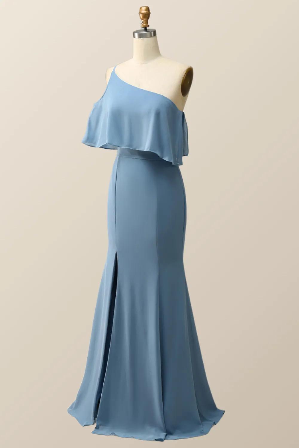 One Shoulder Cold Sleeve Misty Blue Mermaid Long Bridesmaid Dress