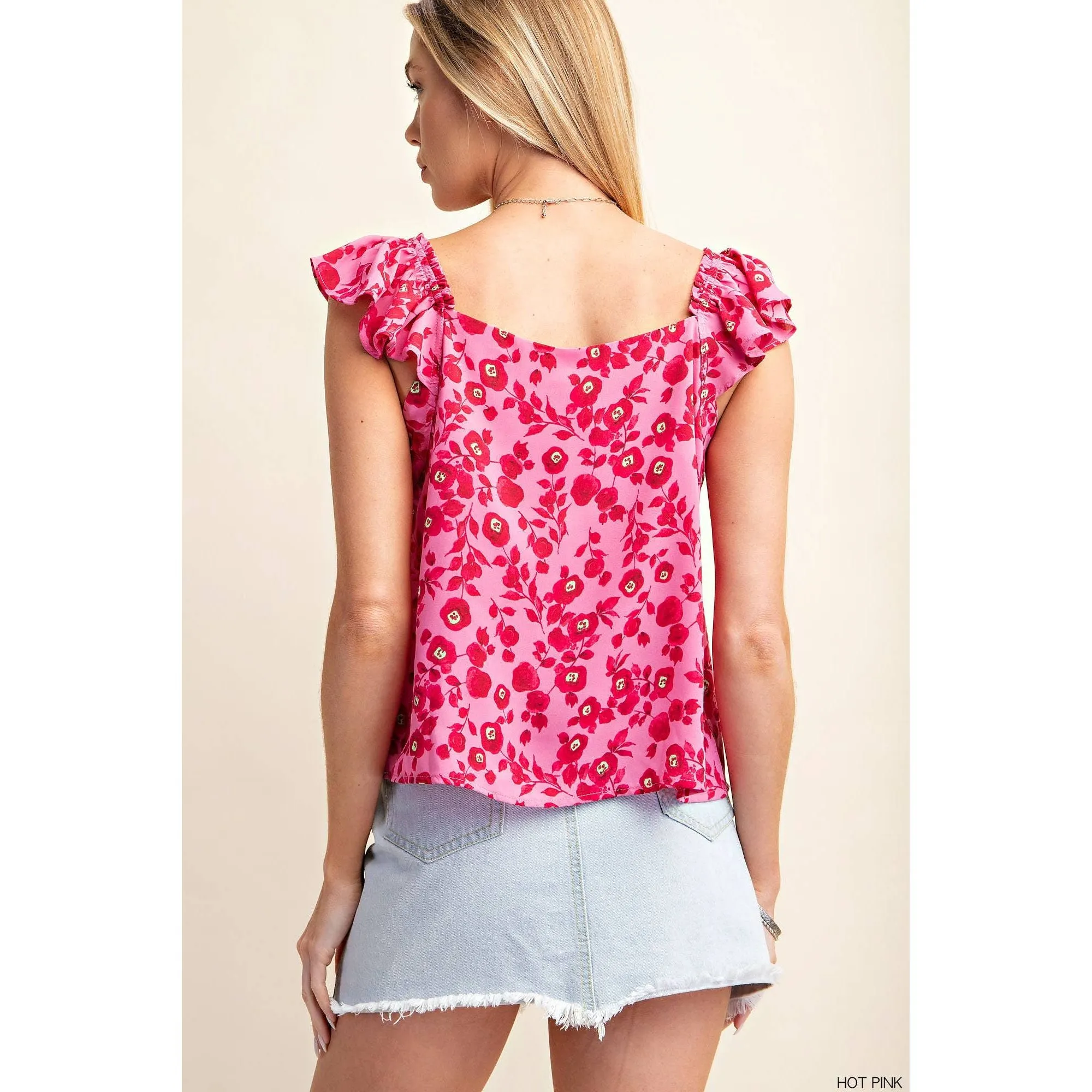 Peach Skin Floral Printed Square Neckline Top