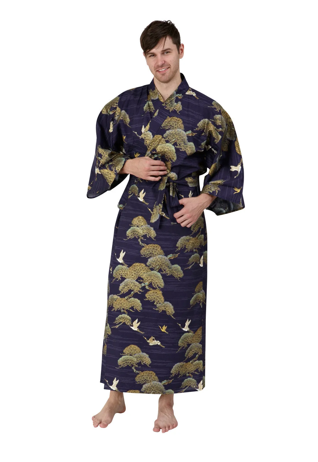 Pines & Cranes Mens Long Cotton Kimono