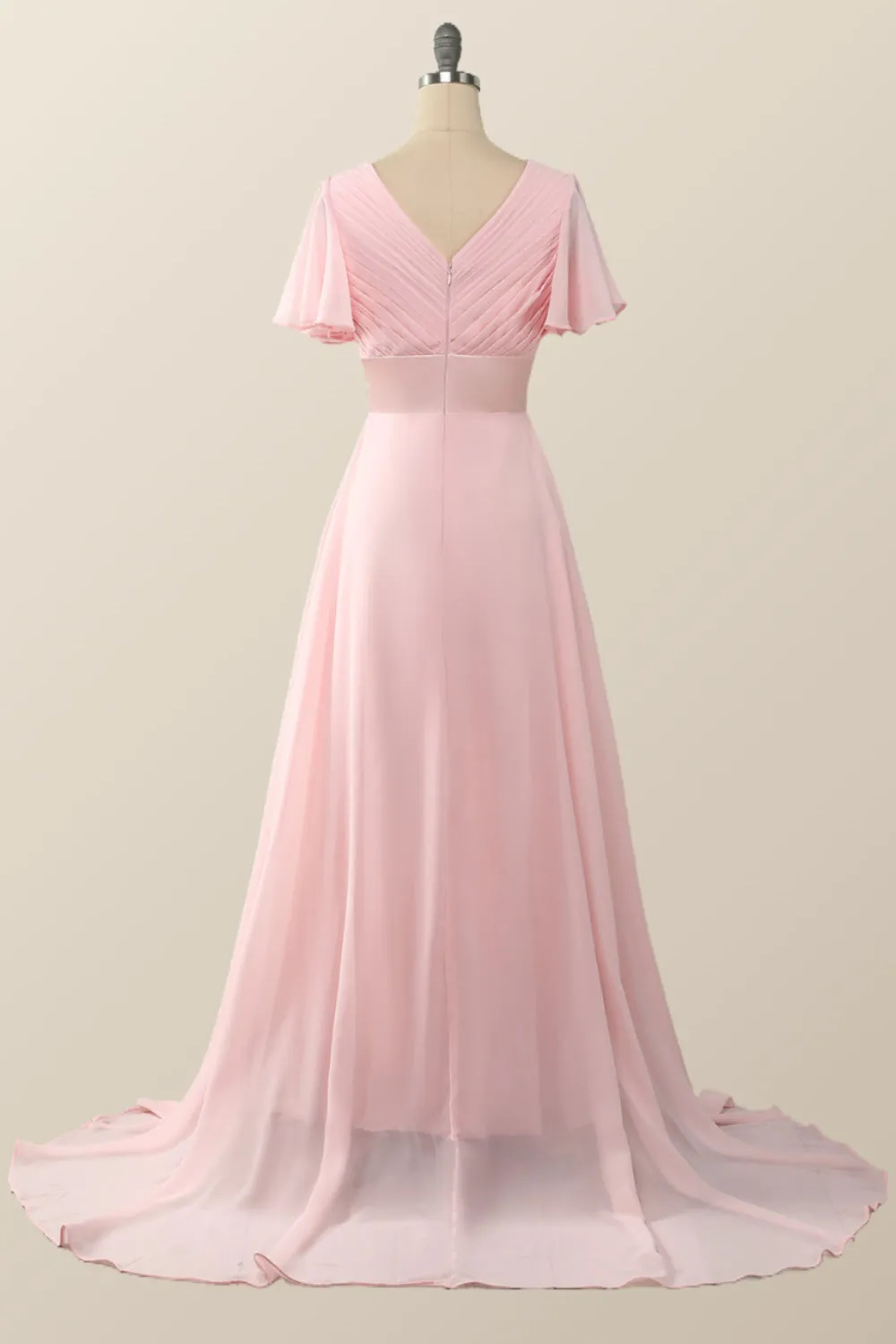 Pleated Pink Flare Sleeves Chiffon Long Bridesmaid Dress