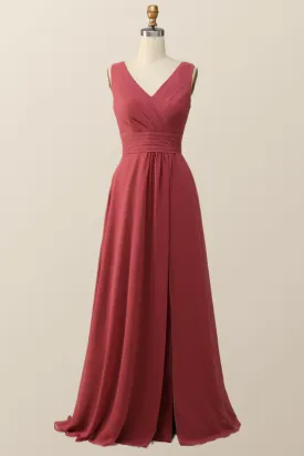 Pleated Terracotta Empire Chiffon Long Bridesmaid Dress