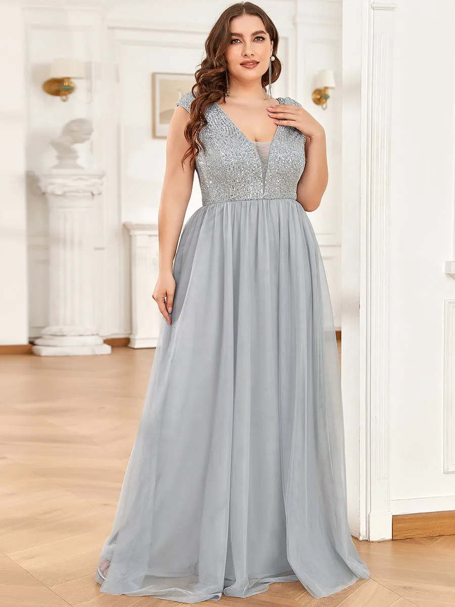 Plus Size Glamorous Sleeveless A Line Wholesale Evening Dresses with Deep V Neck