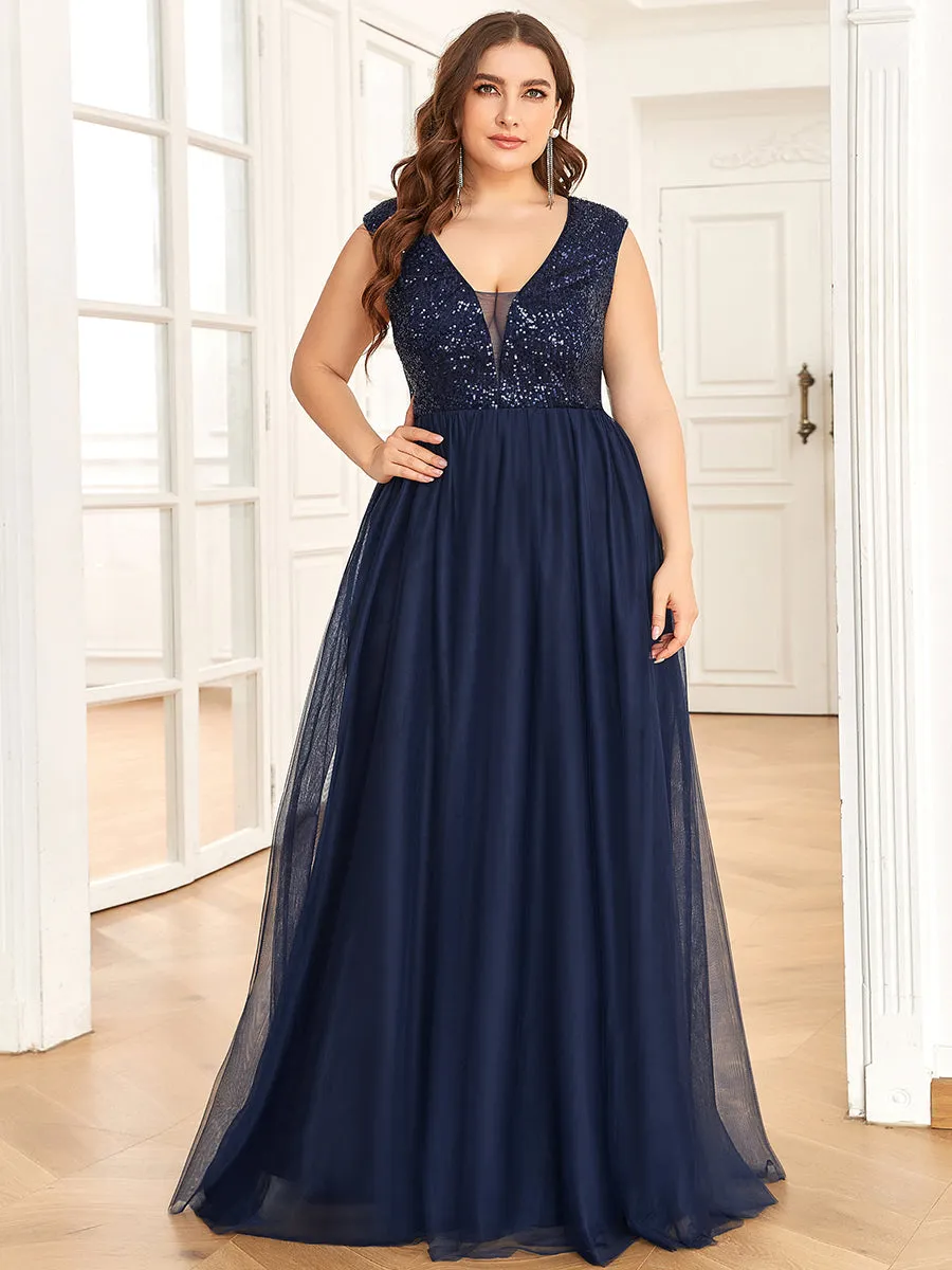 Plus Size Glamorous Sleeveless A Line Wholesale Evening Dresses with Deep V Neck