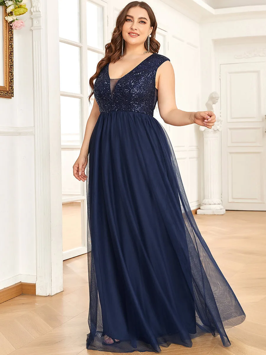 Plus Size Glamorous Sleeveless A Line Wholesale Evening Dresses with Deep V Neck