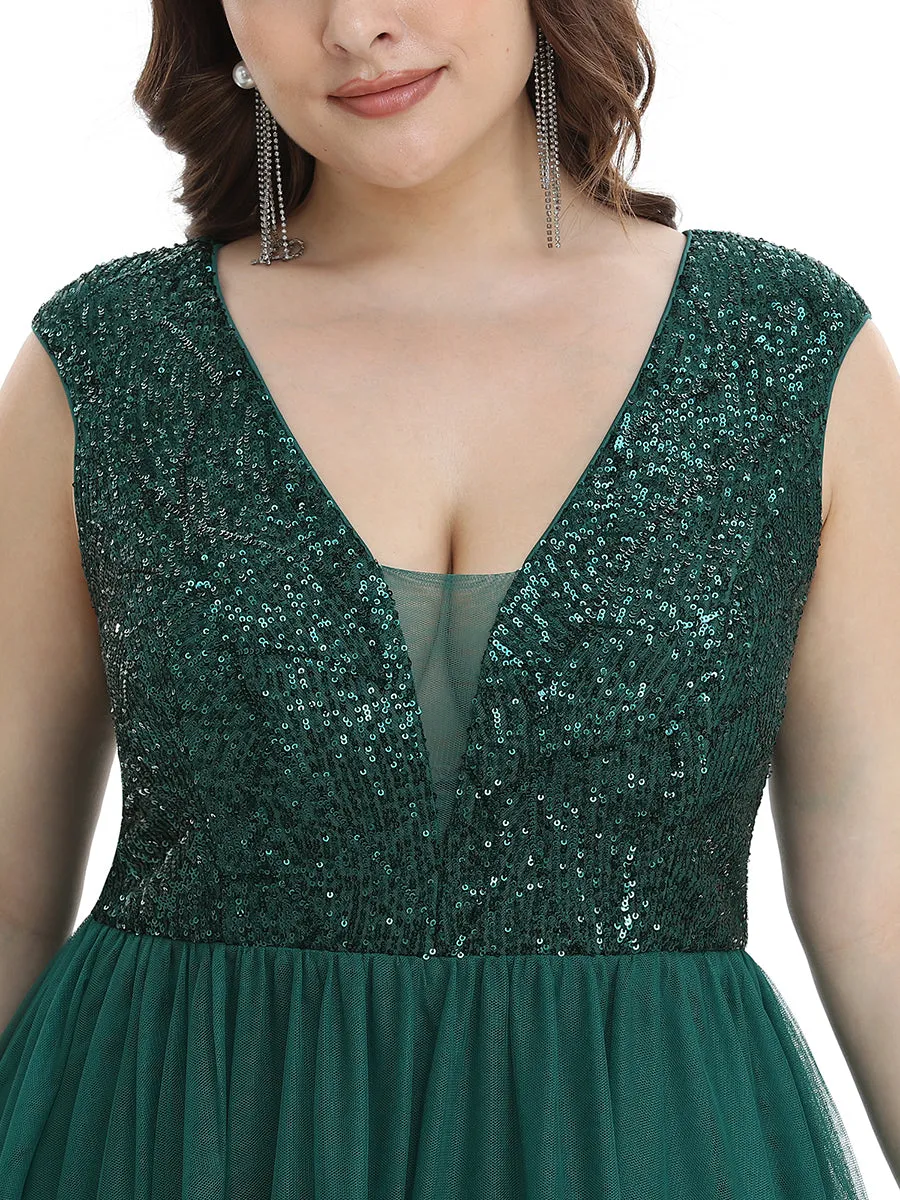 Plus Size Glamorous Sleeveless A Line Wholesale Evening Dresses with Deep V Neck