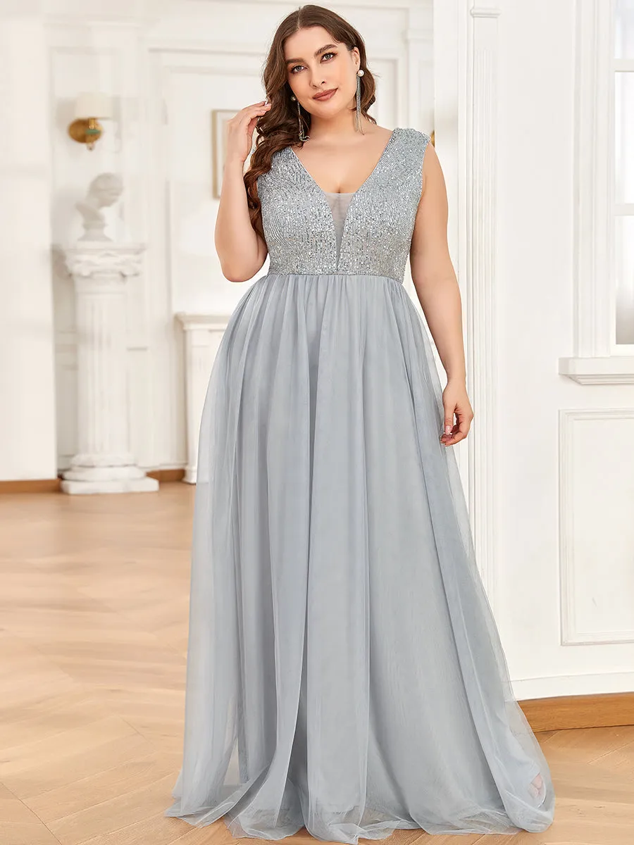 Plus Size Glamorous Sleeveless A Line Wholesale Evening Dresses with Deep V Neck